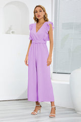 V-Neck Pleats Belted Jumpsuit Newgew