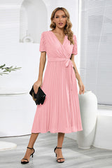 V-Neck Pleated Tie-Waist Midi Dress Newgew