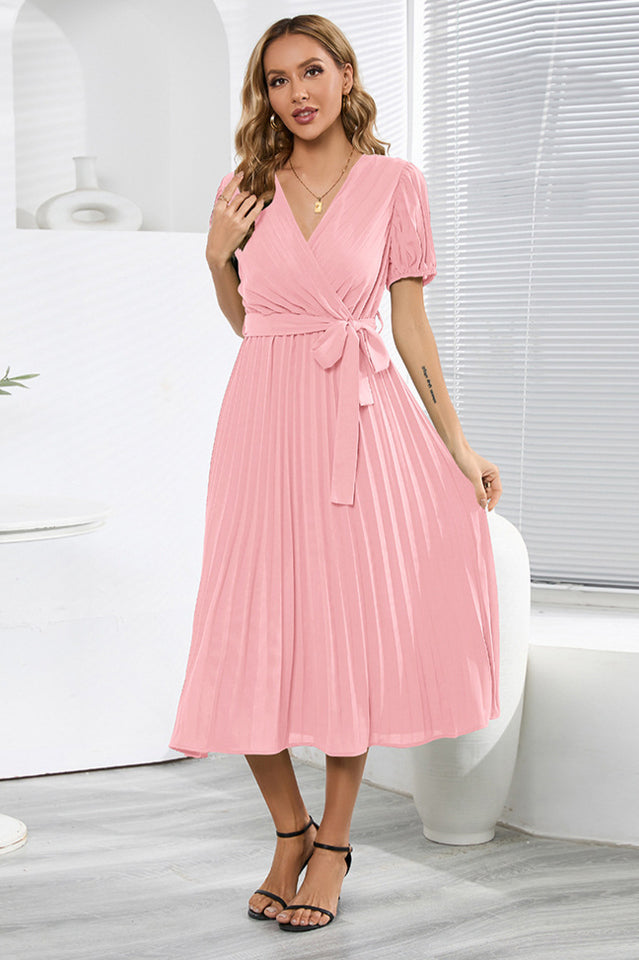 V-Neck Pleated Tie-Waist Midi Dress Newgew