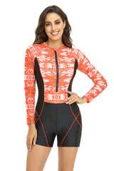 Surf Print Long Sleeve One Piece Swimsuit Newgew
