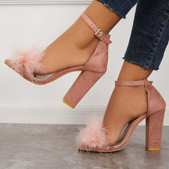 Fluffy Chunky Block High Heel Sandals Ankle Strap Dress Pumps Pairmore