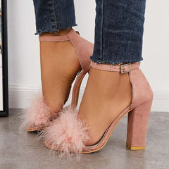 Fluffy Chunky Block High Heel Sandals Ankle Strap Dress Pumps Pairmore