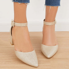 Low Chunky Block Heel Pumps Pointed Toe Ankle Strap Heels Pairmore