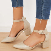 Low Chunky Block Heel Pumps Pointed Toe Ankle Strap Heels Pairmore