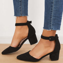 Block Low Heel Pumps Pointed Toe Ankle Buckle Strap Heels Pairmore
