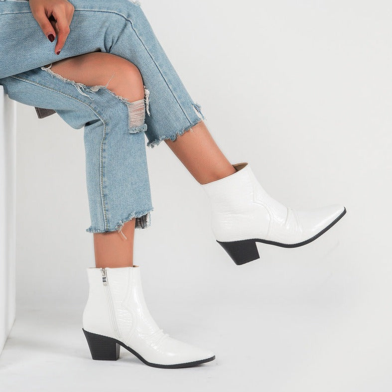 Square-Toe High-Heel Stone Pattern PU Leather Ankle Boots Side Zipper Western Boots Newgew