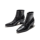 Square-Toe High-Heel Stone Pattern PU Leather Ankle Boots Side Zipper Western Boots Newgew