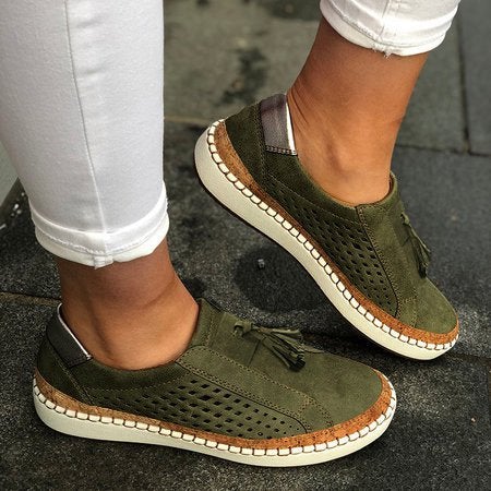 Fringe Tassels Slide Hollow-Out Round Toe Casual Women Sneakers Newgew