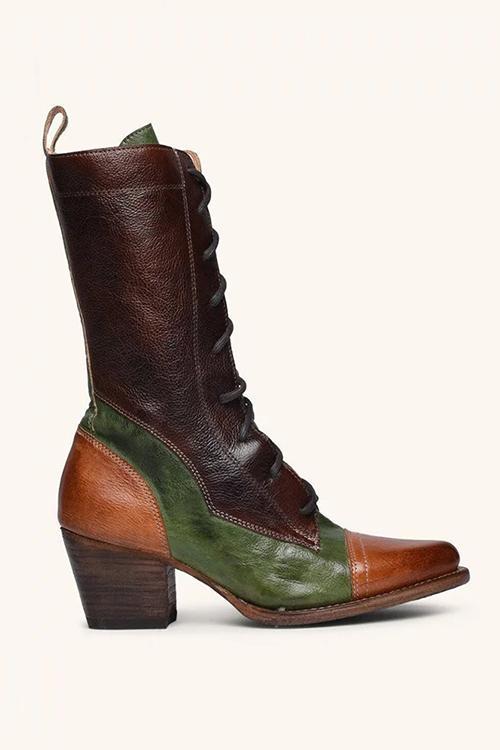 Viantage Leather Lace Up Chunky Heel Boots Newgew