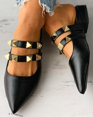 Double Strap Rivet Pointed Toe Slip-on Flats Newgew