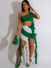 One Shoulder Crop Top with Fringed Mini Skirt Set Newgew