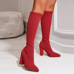 Chunky Heel Pointed Toe Sock Boots Newgew