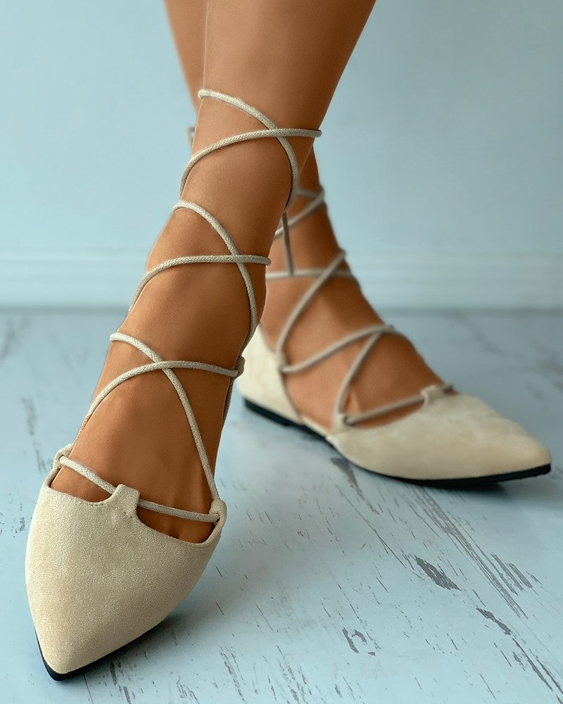 Pointed Toe Suede Strappy Slip-On Flats Newgew