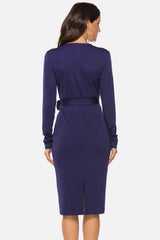 V Neck Wrap Tied Waist Slit Dress Newgew