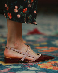 Pointed-toe Solid Color Splicing Studded Buckle Flat Sandals Newgew