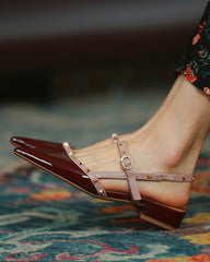 Pointed-toe Solid Color Splicing Studded Buckle Flat Sandals Newgew