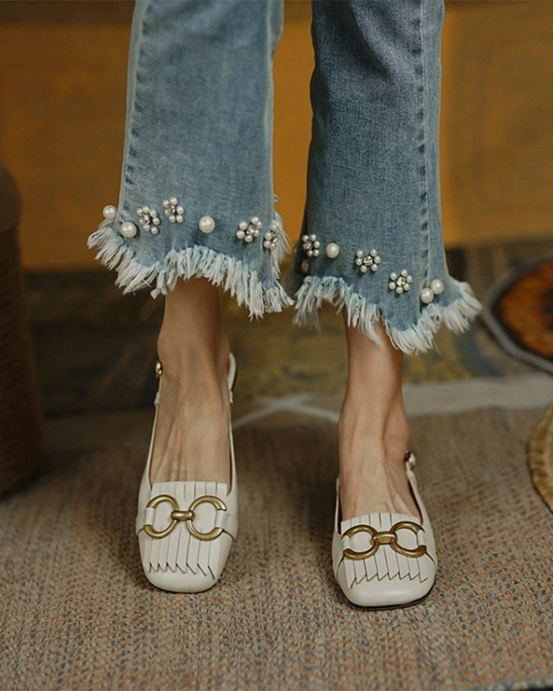 Solid Metallic Buckle Upper Sqaure-toe Flat Slip-on Newgew