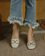 Solid Metallic Buckle Upper Sqaure-toe Flat Slip-on Newgew