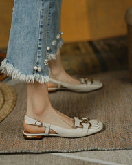 Solid Metallic Buckle Upper Sqaure-toe Flat Slip-on Newgew