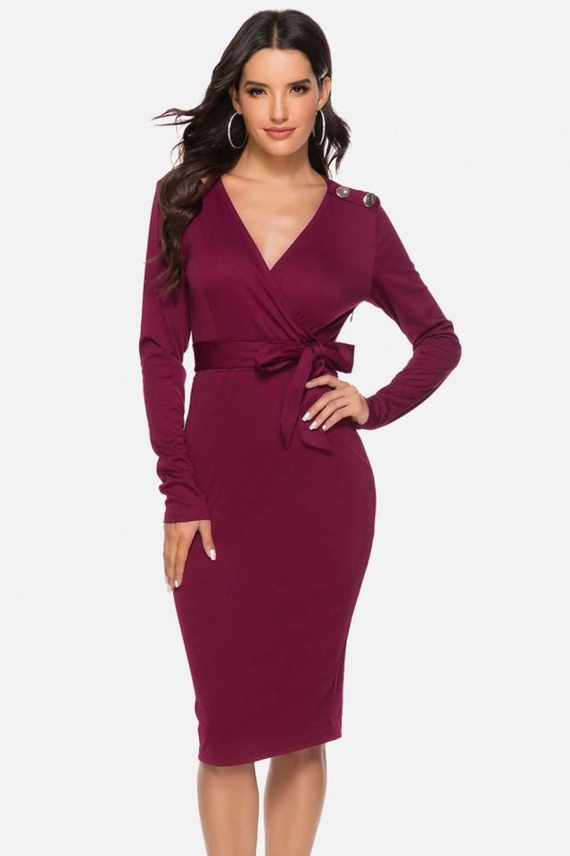 V Neck Wrap Tied Waist Slit Dress Newgew