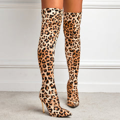 Leopard Pattern Point Toe Stiletto Heeled Suede Sock Boots Newgew