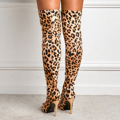 Leopard Pattern Point Toe Stiletto Heeled Suede Sock Boots Newgew