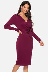 V Neck Wrap Tied Waist Slit Dress Newgew