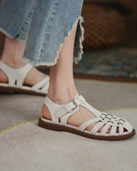 Solid Cut-out Roman Round -toe Flat Sandals Newgew