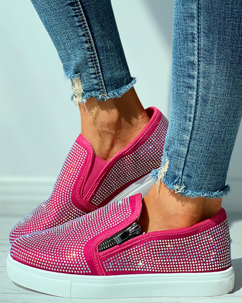 Studded Zipper Design Close Toe Casual Shoes Newgew