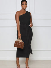 One Shoulder Belted Bodycon Midi Dresses Newgew