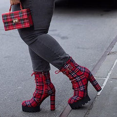 Chunky Red Plaid Boots Newgew