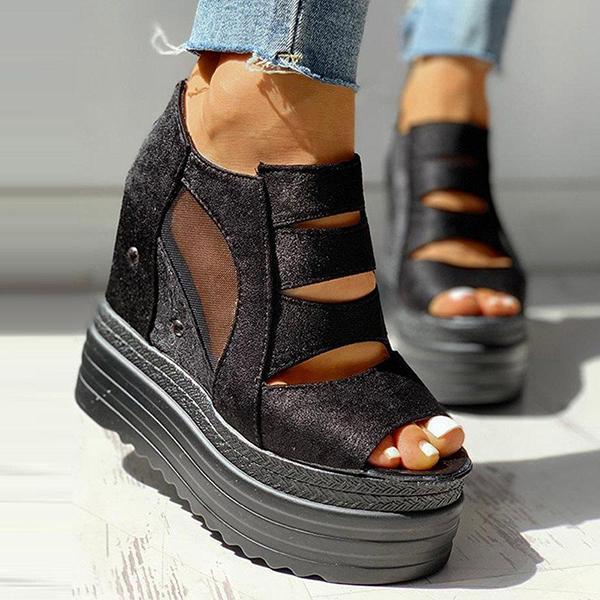 Side Zipper Peep Toe Patchwork Platform Sandals Pairmore