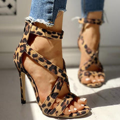 Leopard Faux Suede Crisscross Zipper Back Thin Heels Pairmore