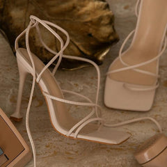 Around-The-Ankle Lace-Up Closure Open Squared Toe Heels Pairmore