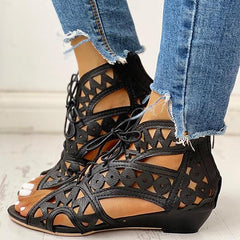 Hollow Out Lace-Up Pu Wedge Sandals Pairmore