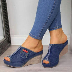 Cute Denim Peep Toe Wedge Sandals Pairmore