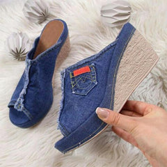 Cute Denim Peep Toe Wedge Sandals Pairmore