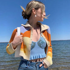 Abstract Sunset Pattern Collared Long Sleeve Cropped Cardigan - Orange Newgew