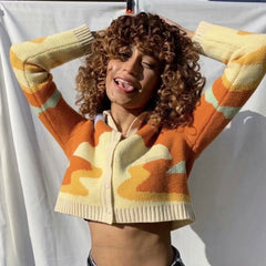 Abstract Sunset Pattern Collared Long Sleeve Cropped Cardigan - Orange Newgew