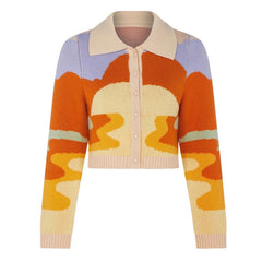 Abstract Sunset Pattern Collared Long Sleeve Cropped Cardigan - Orange Newgew