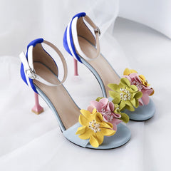 Handmade Ankle Strap Heeled Sandals with Flower Decoration Newgew