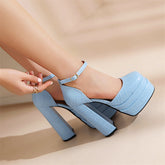 Hazel Square Toe Blue Platform Heels Newgew