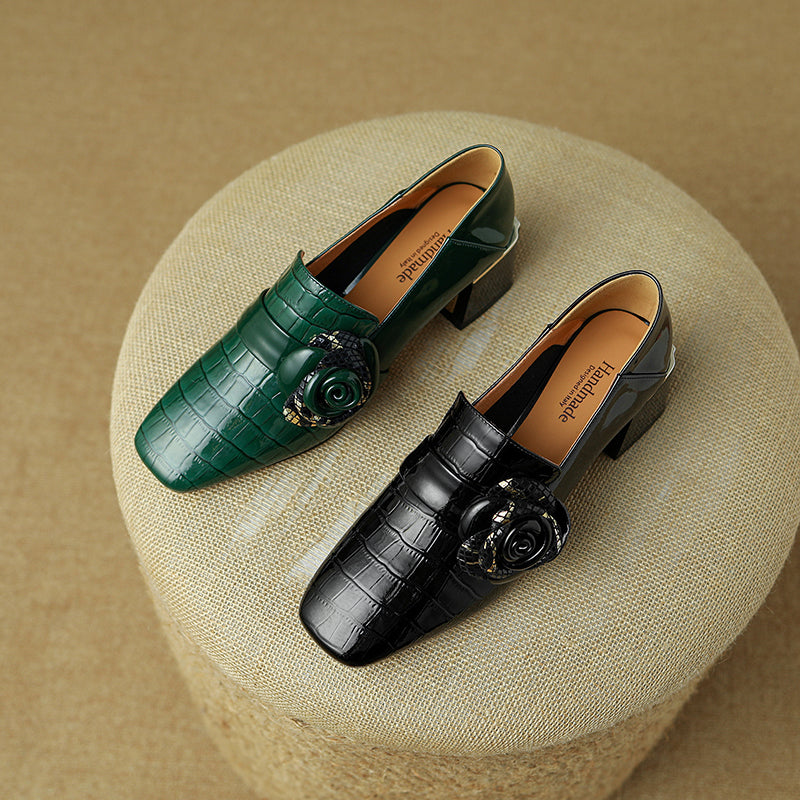 Iona Crocodile Floral Loafer Heels Black Newgew