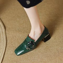 Iona Emerald Green Crocodile Floral Loafer Heels Newgew