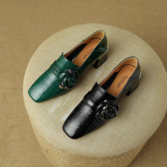 Iona Crocodile Floral Loafer Heels Black Newgew