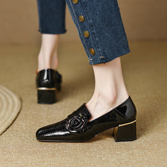 Iona Crocodile Floral Loafer Heels Black Newgew