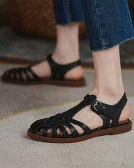 Solid Cut-out Roman Round -toe Flat Sandals Newgew