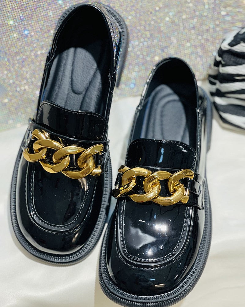 Round Toe Chain Decor Slip On Loafers Newgew