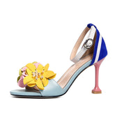 Handmade Ankle Strap Heeled Sandals with Flower Decoration Newgew