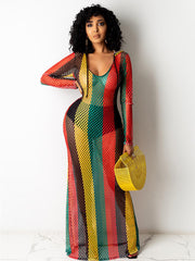 One Piece Multicolor Stripe Fishnet Cover Up Maxi Dresses Newgew